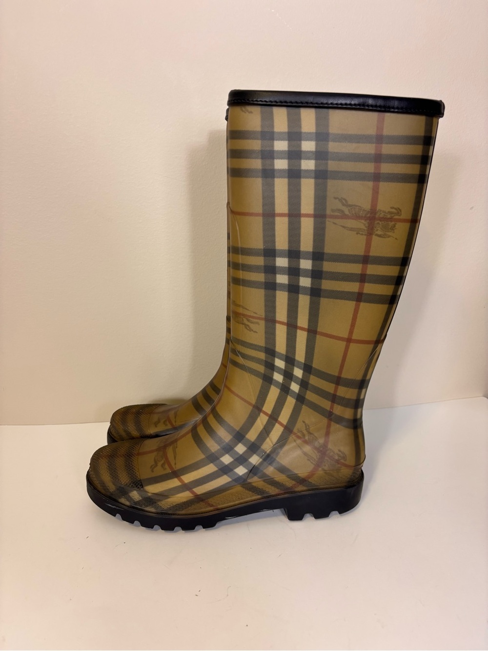 Burberry Nova Check Plaid Logo Print Women's Tall Rain Boots 40= 10